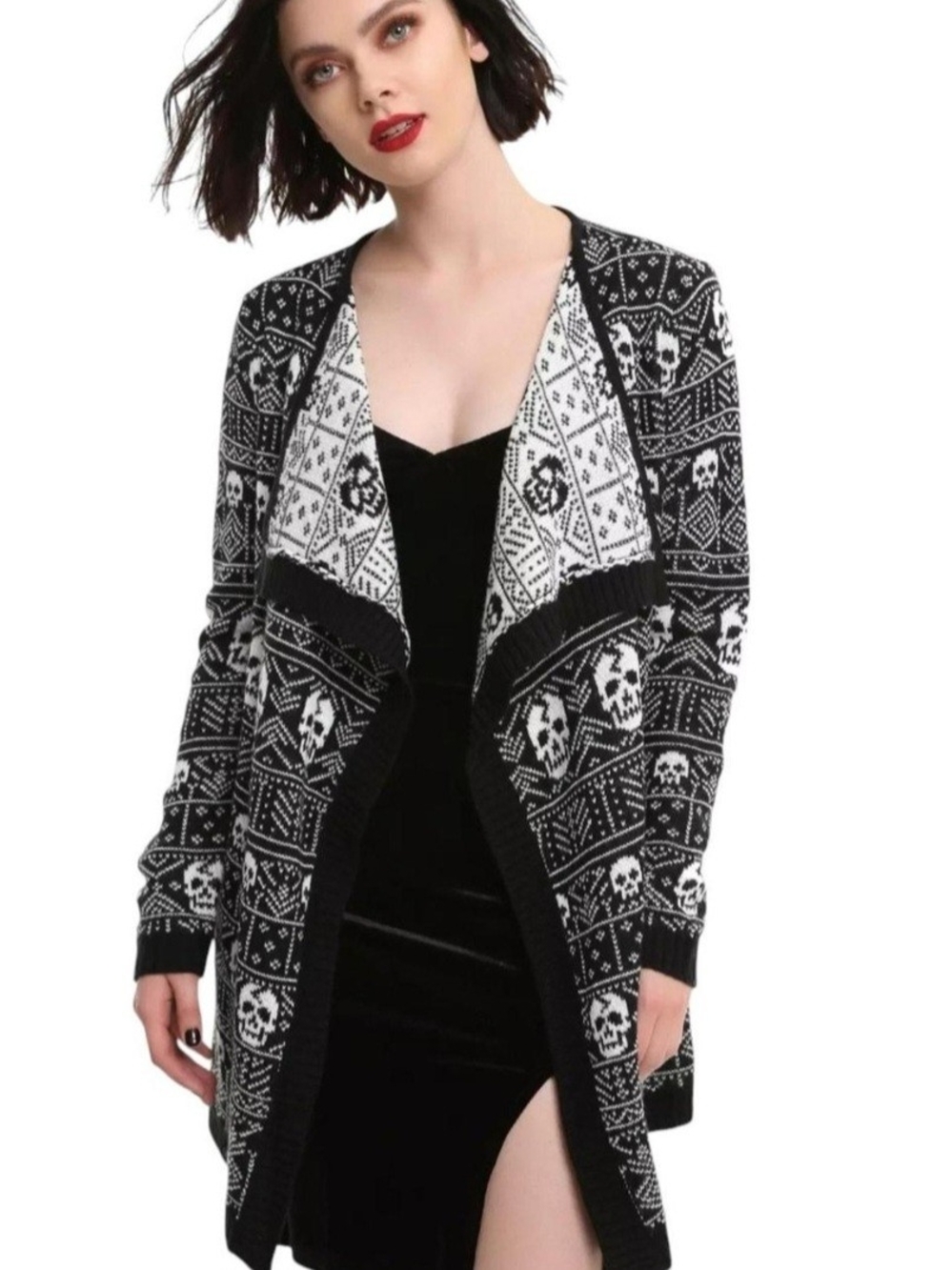 Hot Topic Black & White Skull Open-Front Cardigan